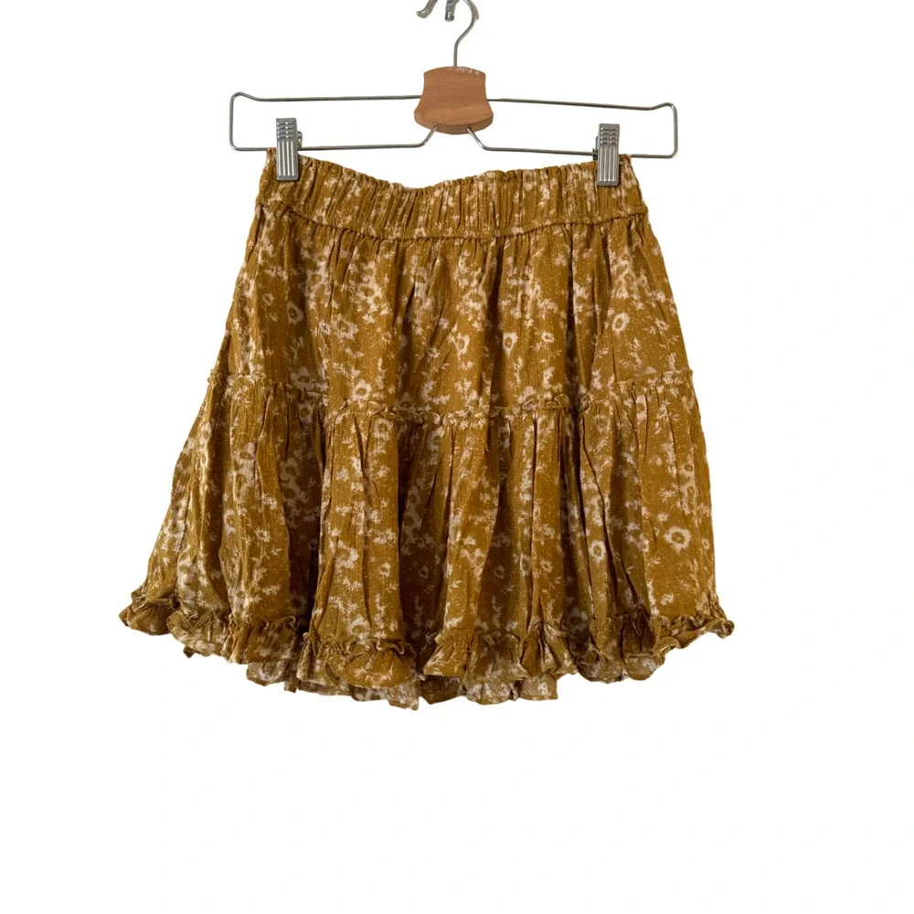Olivaceous Floral Tiered Mini Skirt‎ Ruffle Boho Mustard Yellow Size Small Exc